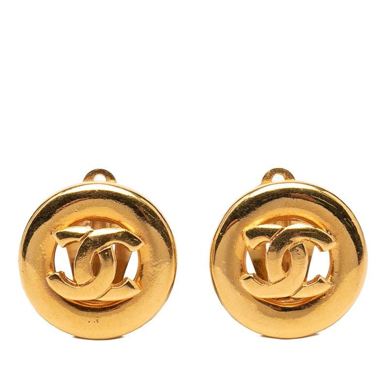 Chanel CC Logo Round Circle Earrings Gold Plated