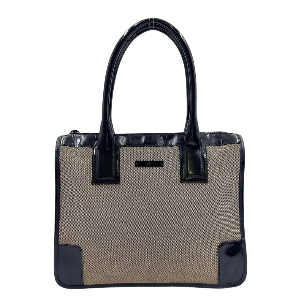 Gucci GG Canvas Enamel Leather Log Plate Black Beige Handbag Silver