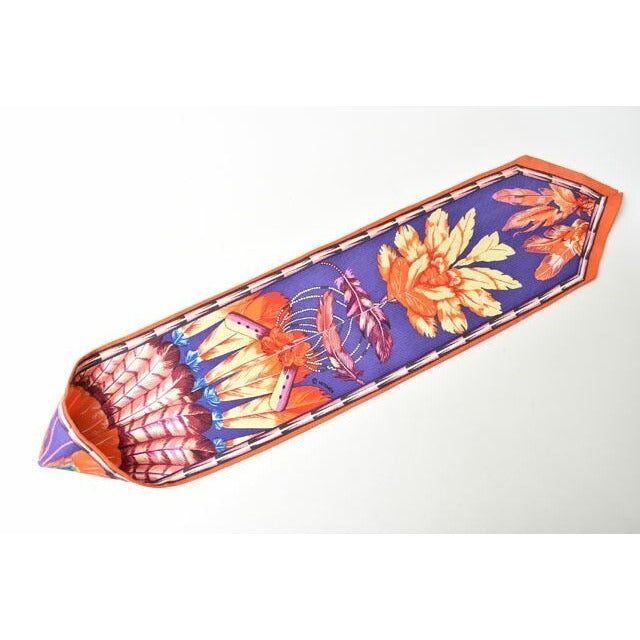 Hermes Twillye Scarf Silk Twill With Feather Motif Purple Orange Multi — view 6