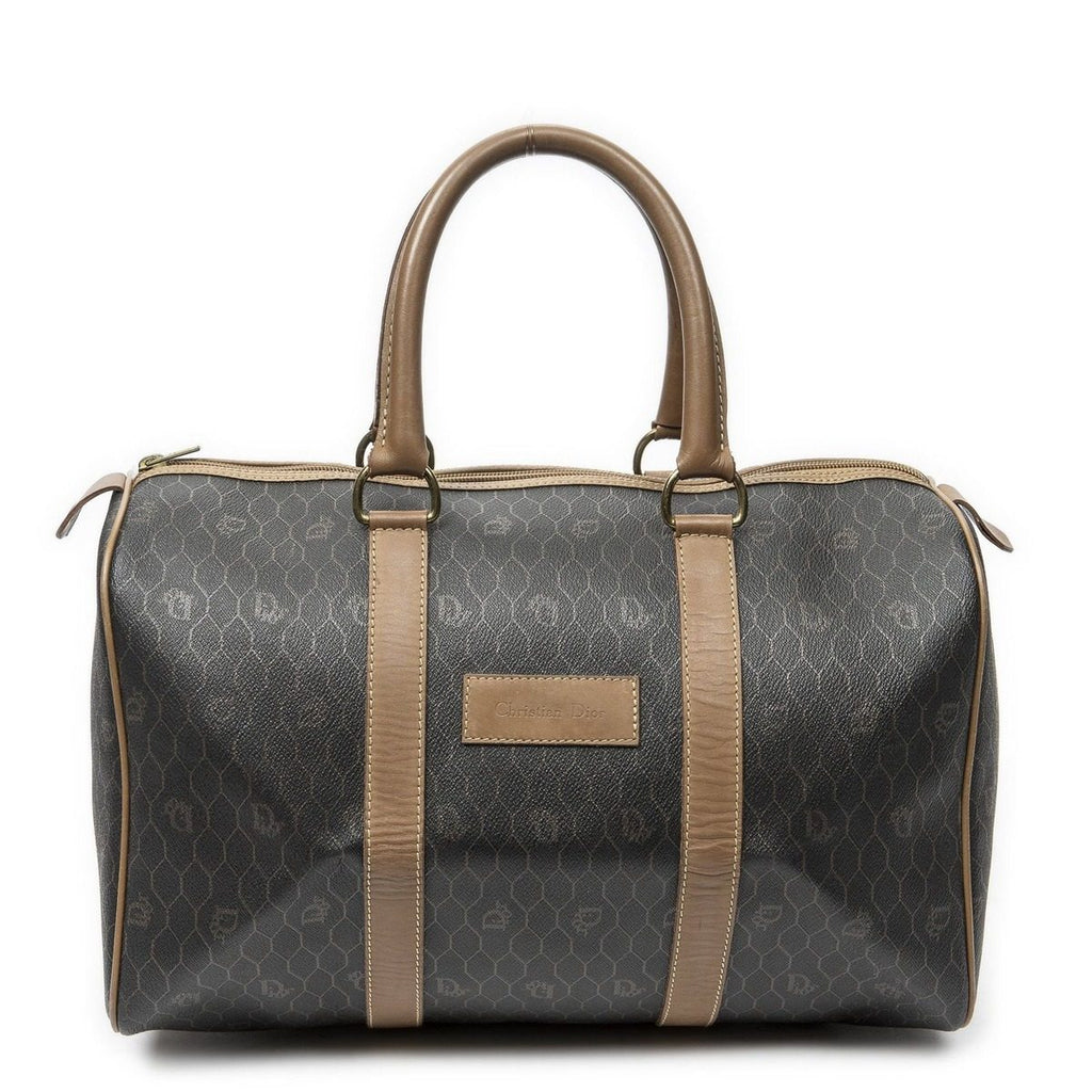 Dior Vintage Small Travel Boston Dark Gray Brown Honeycomb Canvas Shoulder Bag