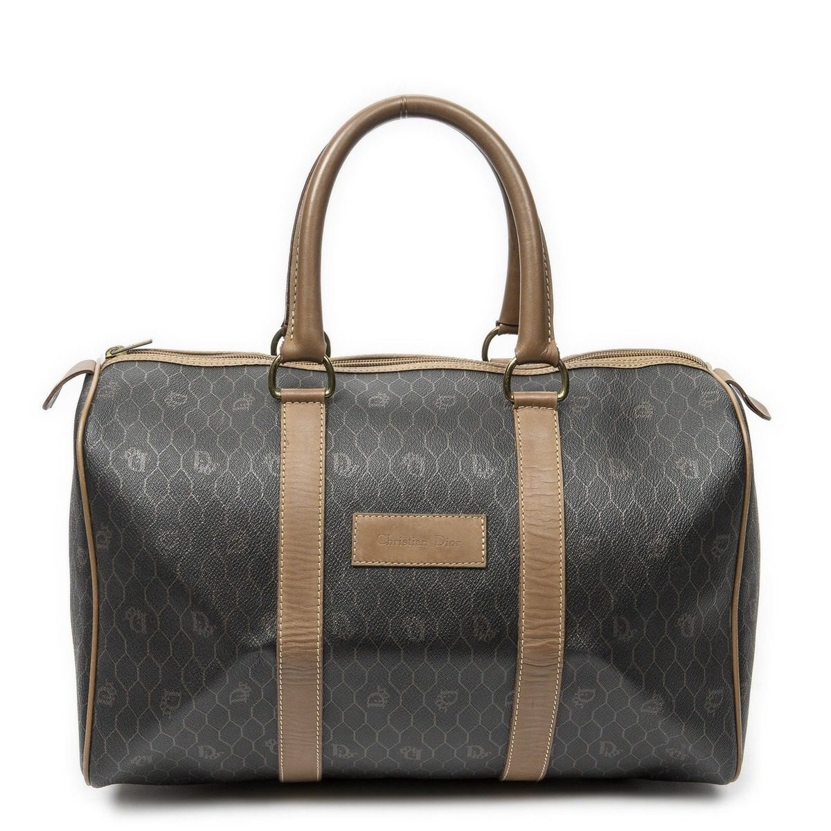 Dior Vintage Small Travel Boston Dark Gray Brown Honeycomb Canvas Shoulder Bag