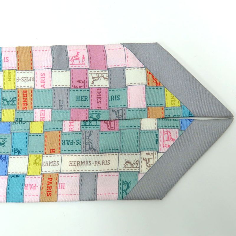 Hermes Twilly Bolduc Check Scarf Gray Multicolor 100% Silk — view 6