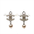 Chanel CC Logo Faux Pearl Swing Earrings Silver