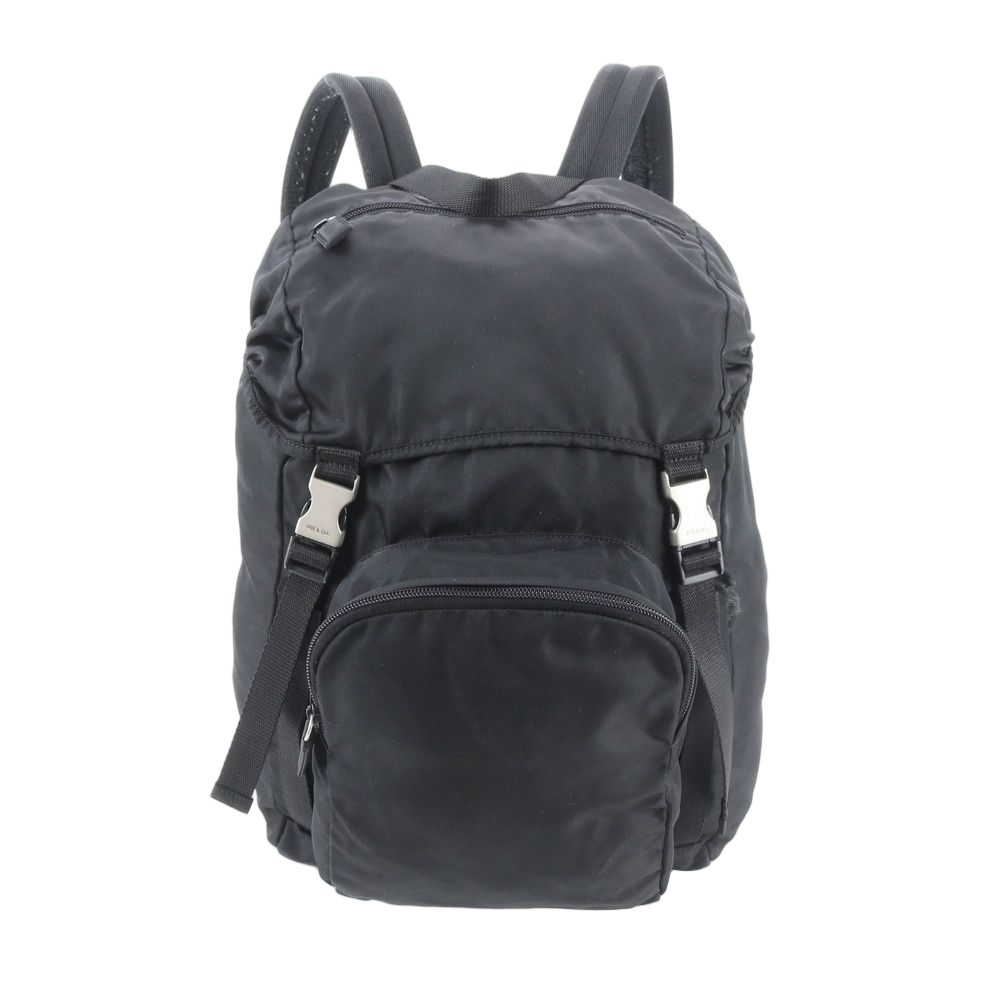Prada Tessuto Nylon Triangle Logo Leather Backpack Black