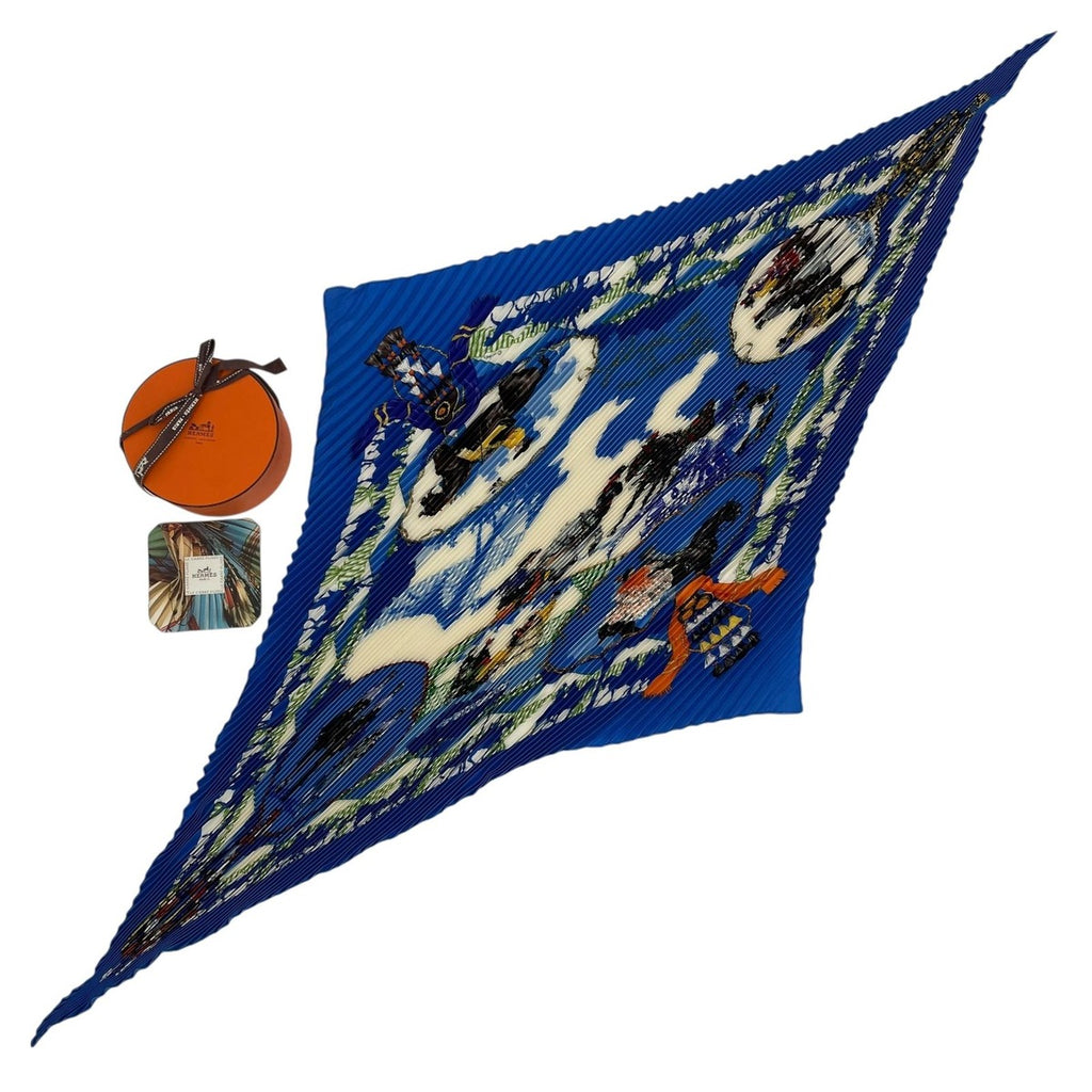 Hermes Scarf Pleated Silk Horse Knight Emblem Blue