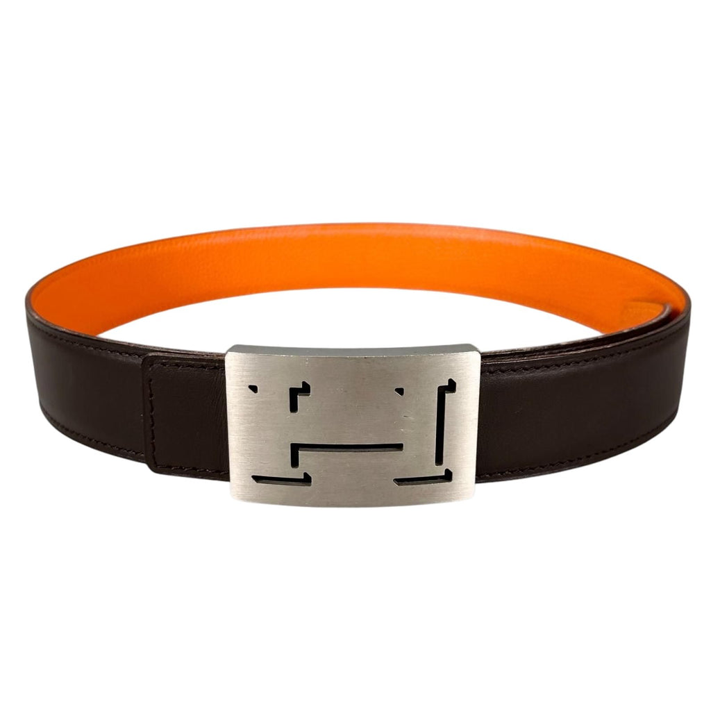 Hermes Belt Lucky Metal Leather Orange Dark Brown Silver — view 2