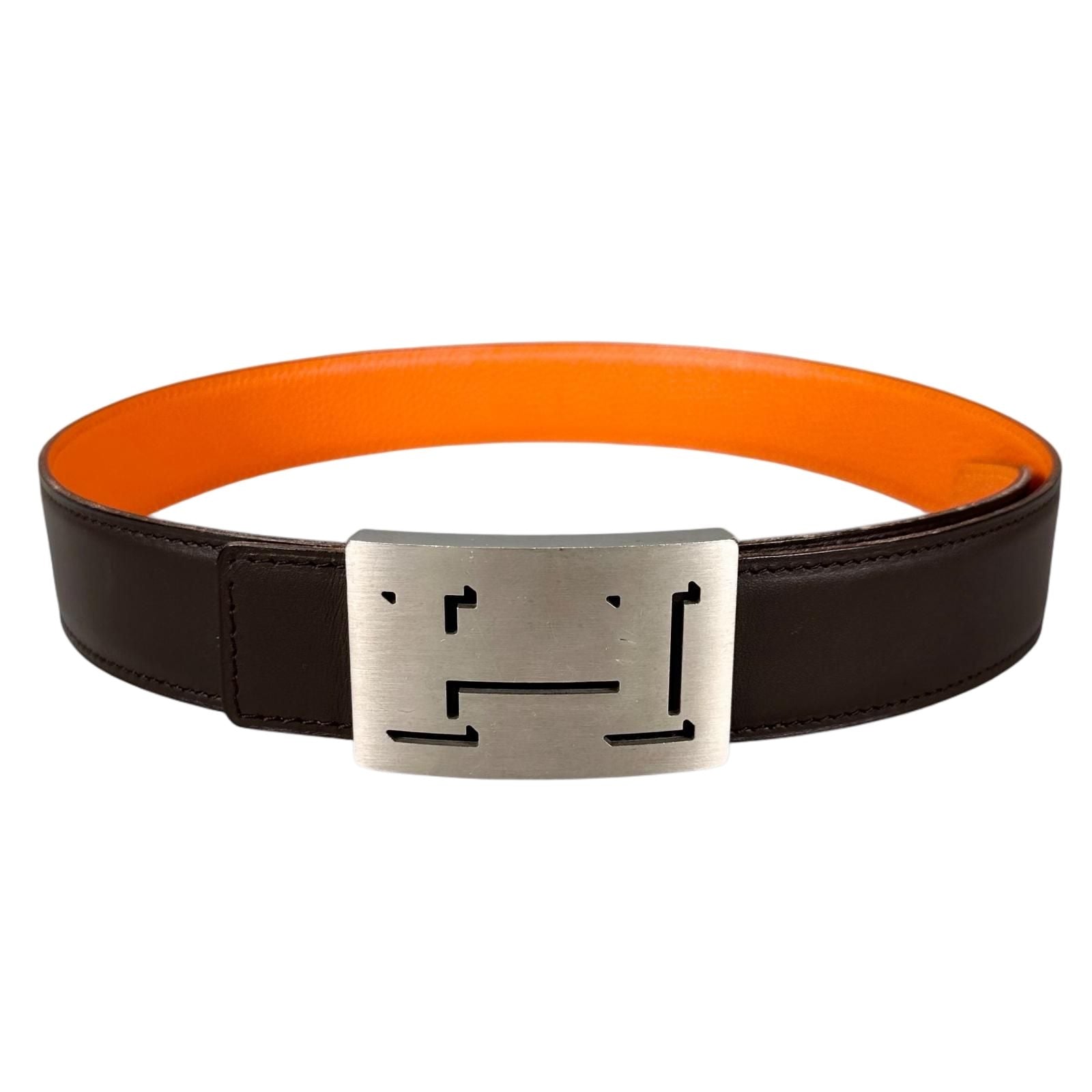 Hermes Belt Lucky Metal Leather Orange Dark Brown Silver — view 2
