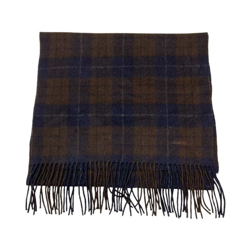 Hermes 100% Cashmere Check Muffler Brown Navy Scarf