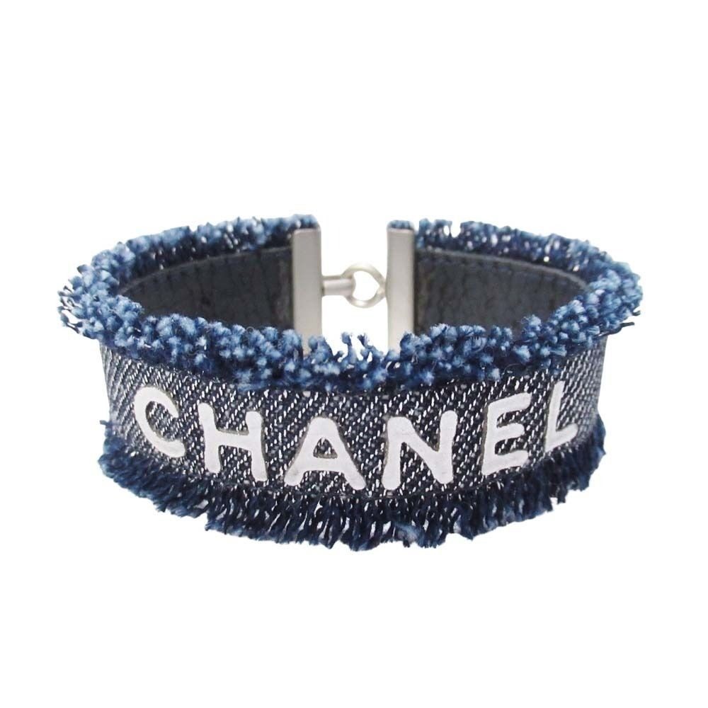Chanel Vintage Cutoff Denim Bracelet Logo Bangle Indigo Silver