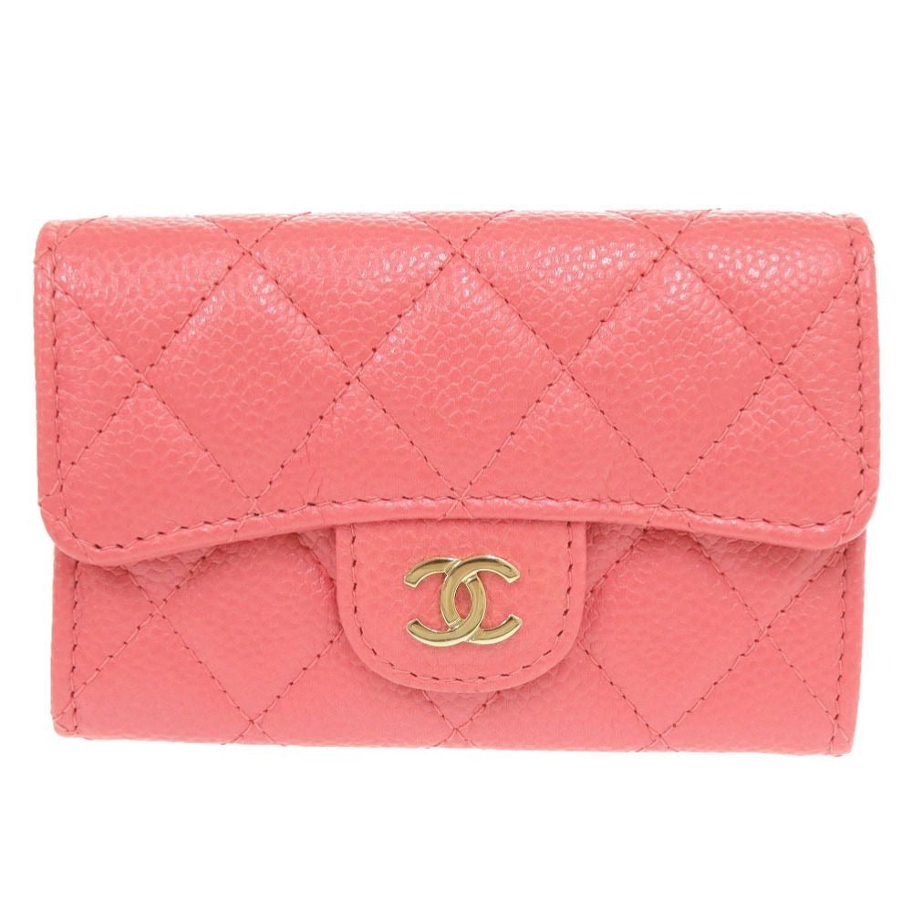 Chanel Quilted CC Logo Caviar Leather Gold Pink Card Case