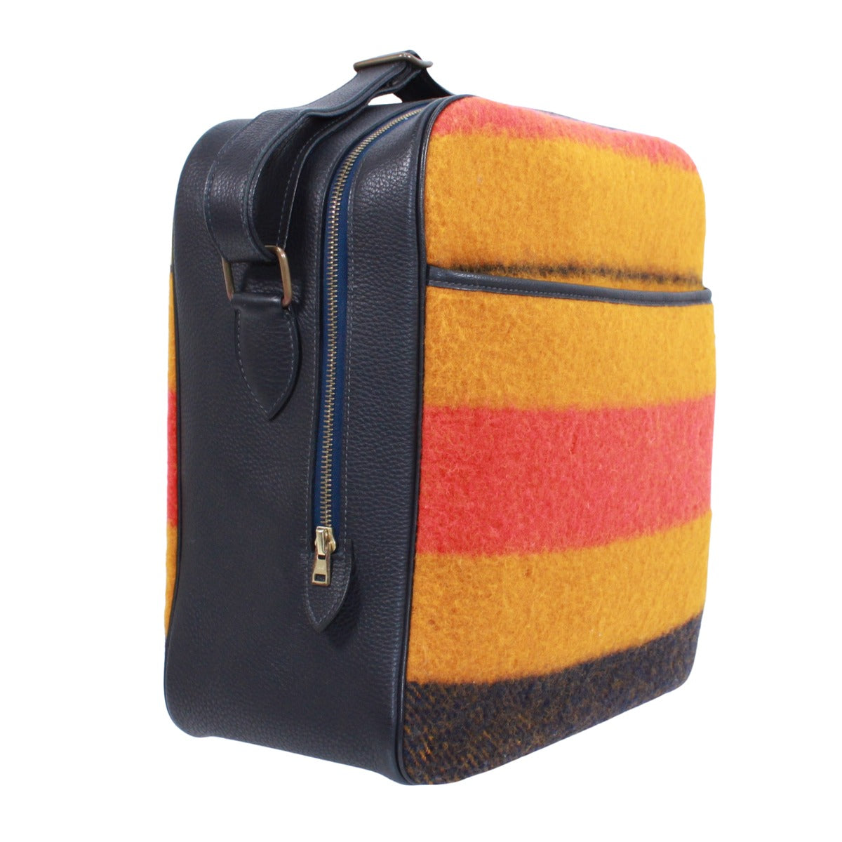 Hermes Victoria Leather Wool Yellow Orange Navy Shoulder Bag Gold — view 2