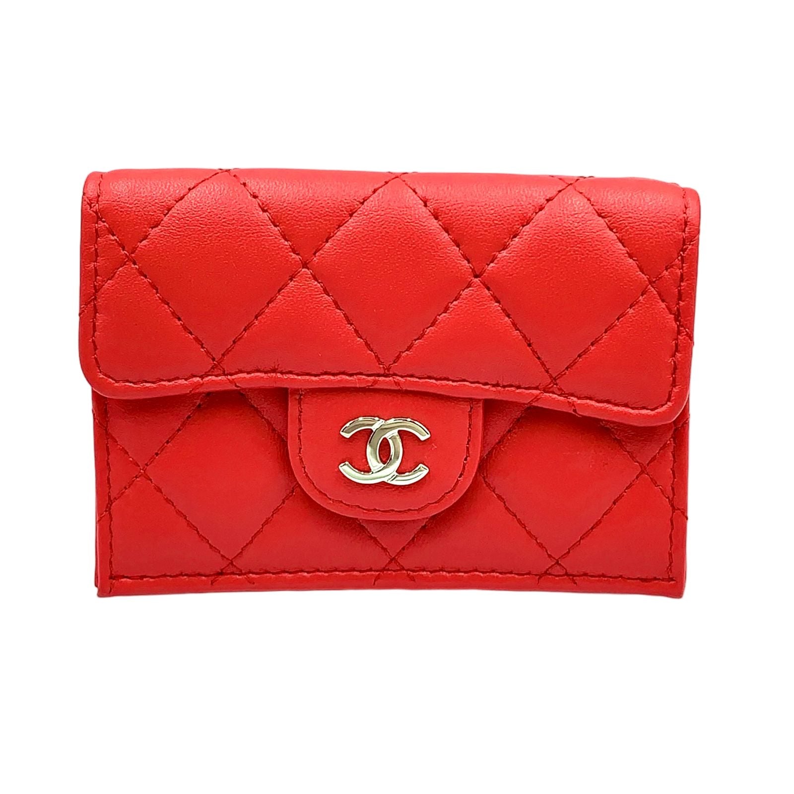 Chanel Quilted Flap Random Lambskin Red Trifold Wallet Silver