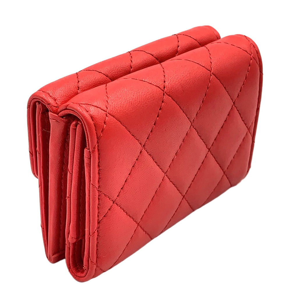 Chanel Quilted Flap Random Lambskin Red Trifold Wallet Silver — view 2