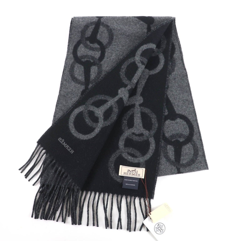 Hermes Any Mole 100% Cashmere Logo Fringed Bicolor Muffler Gray Black with Scarf — view 3