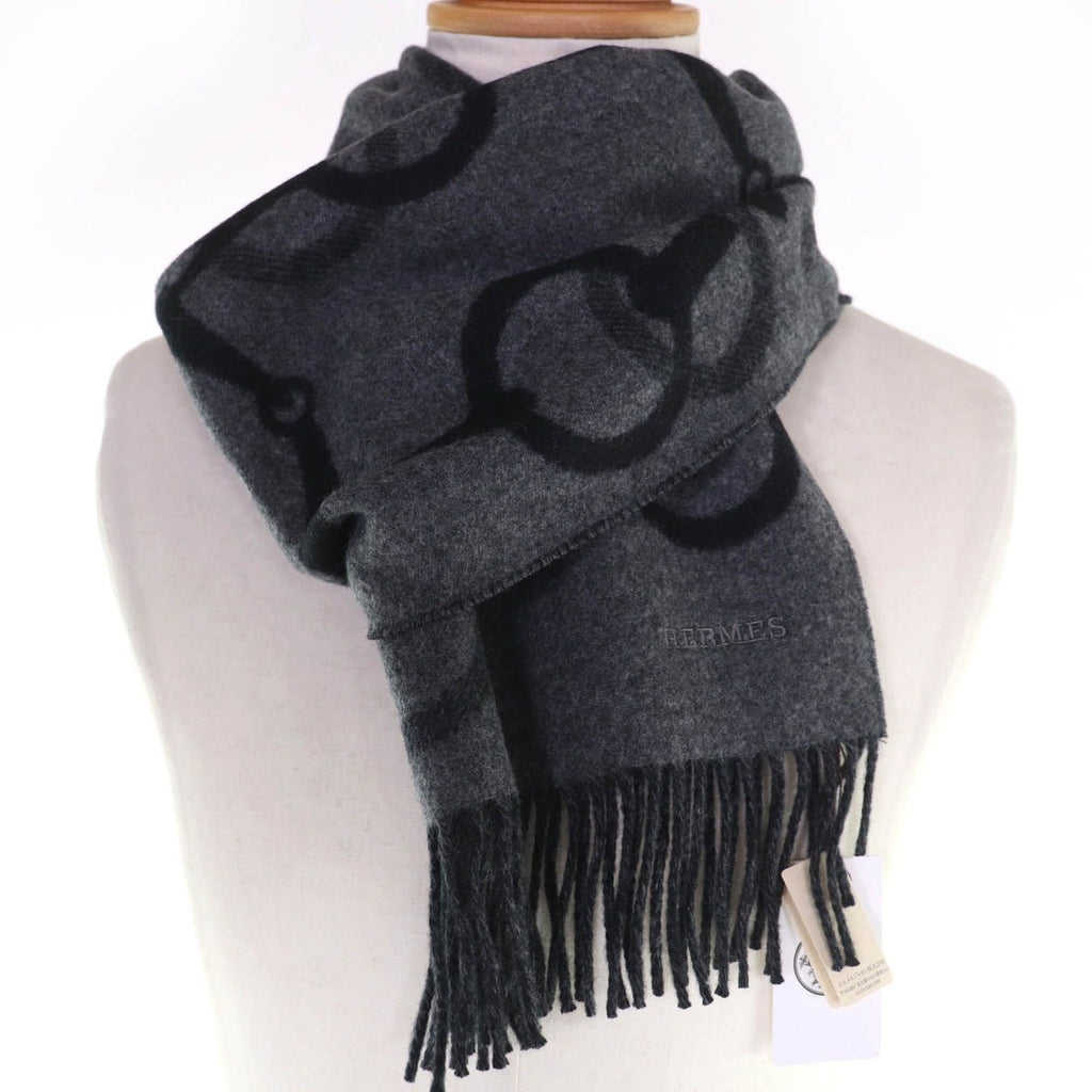Hermes Any Mole 100% Cashmere Logo Fringed Bicolor Muffler Gray Black with Scarf — view 4
