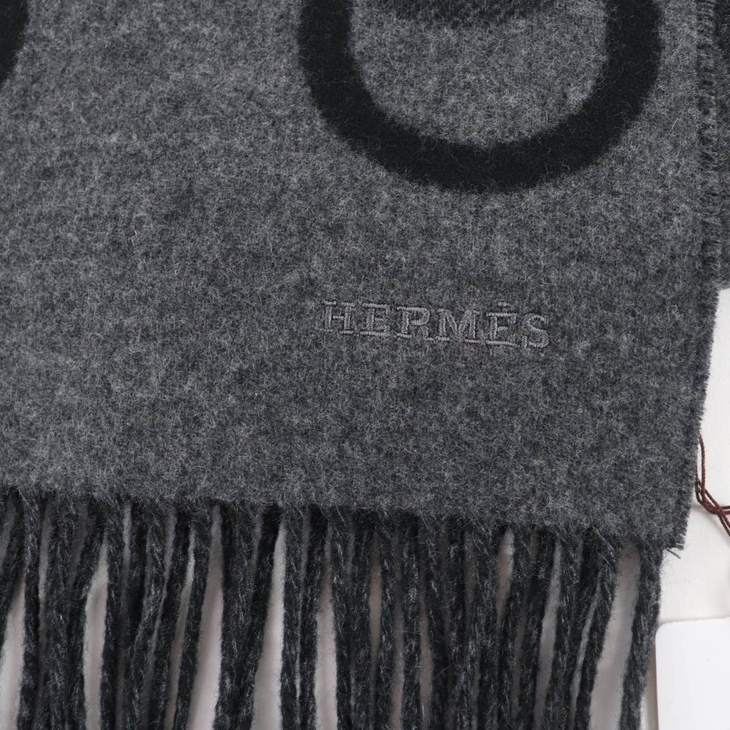 Hermes Any Mole 100% Cashmere Logo Fringed Bicolor Muffler Gray Black with Scarf — view 5