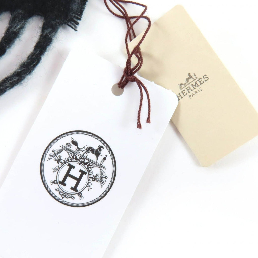 Hermes Any Mole 100% Cashmere Logo Fringed Bicolor Muffler Gray Black with Scarf — view 8