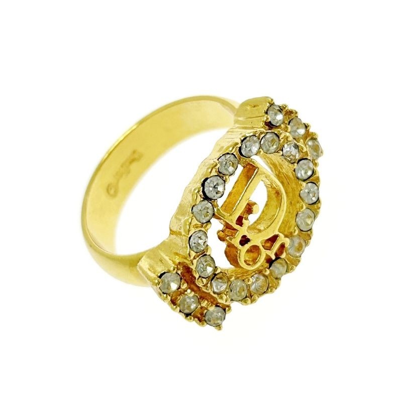 Christian Dior GP Rhinestone Logo Ring Gold