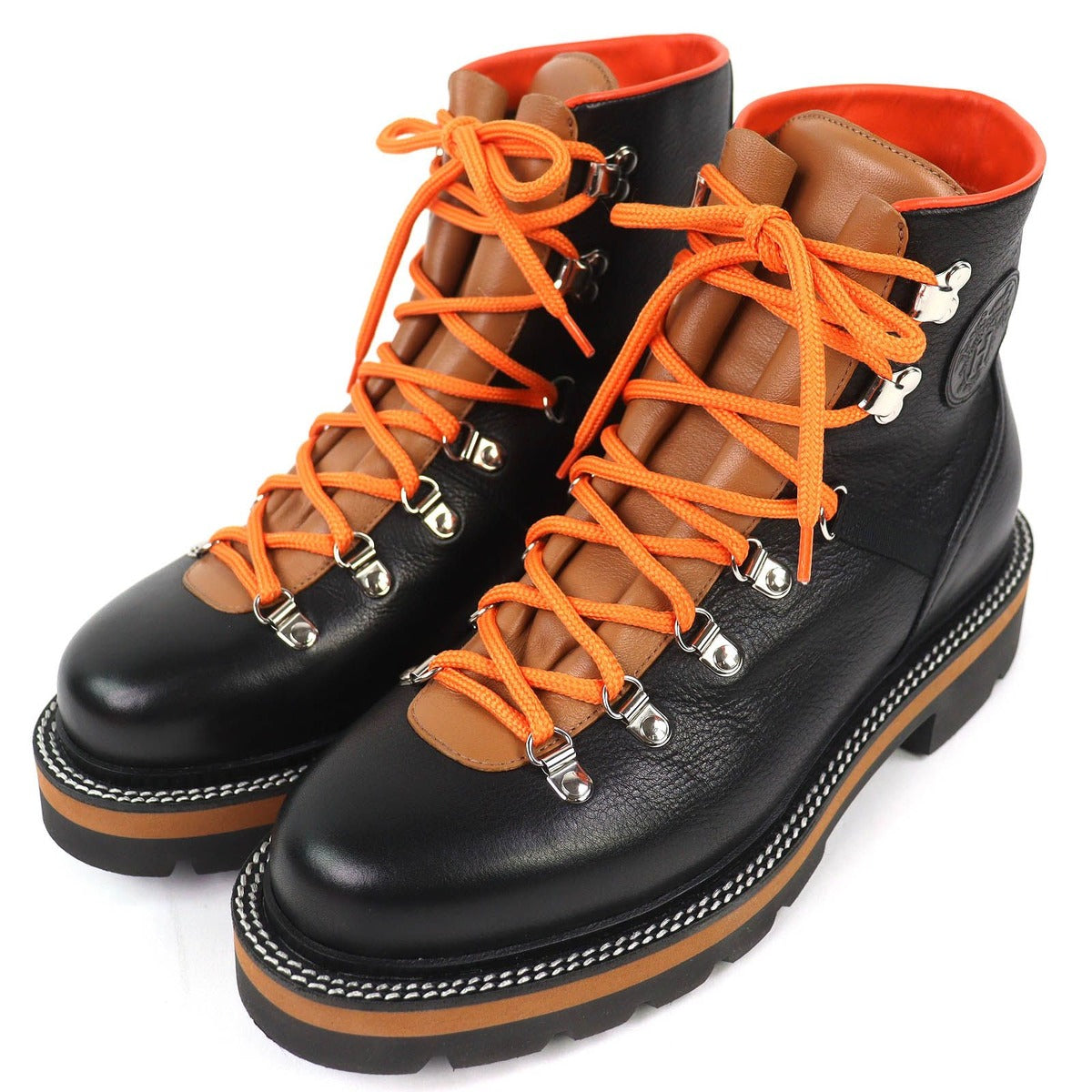 Hermes Hike Leather Logo Trekking Boots Short Black Brown Orange 41 Handbag