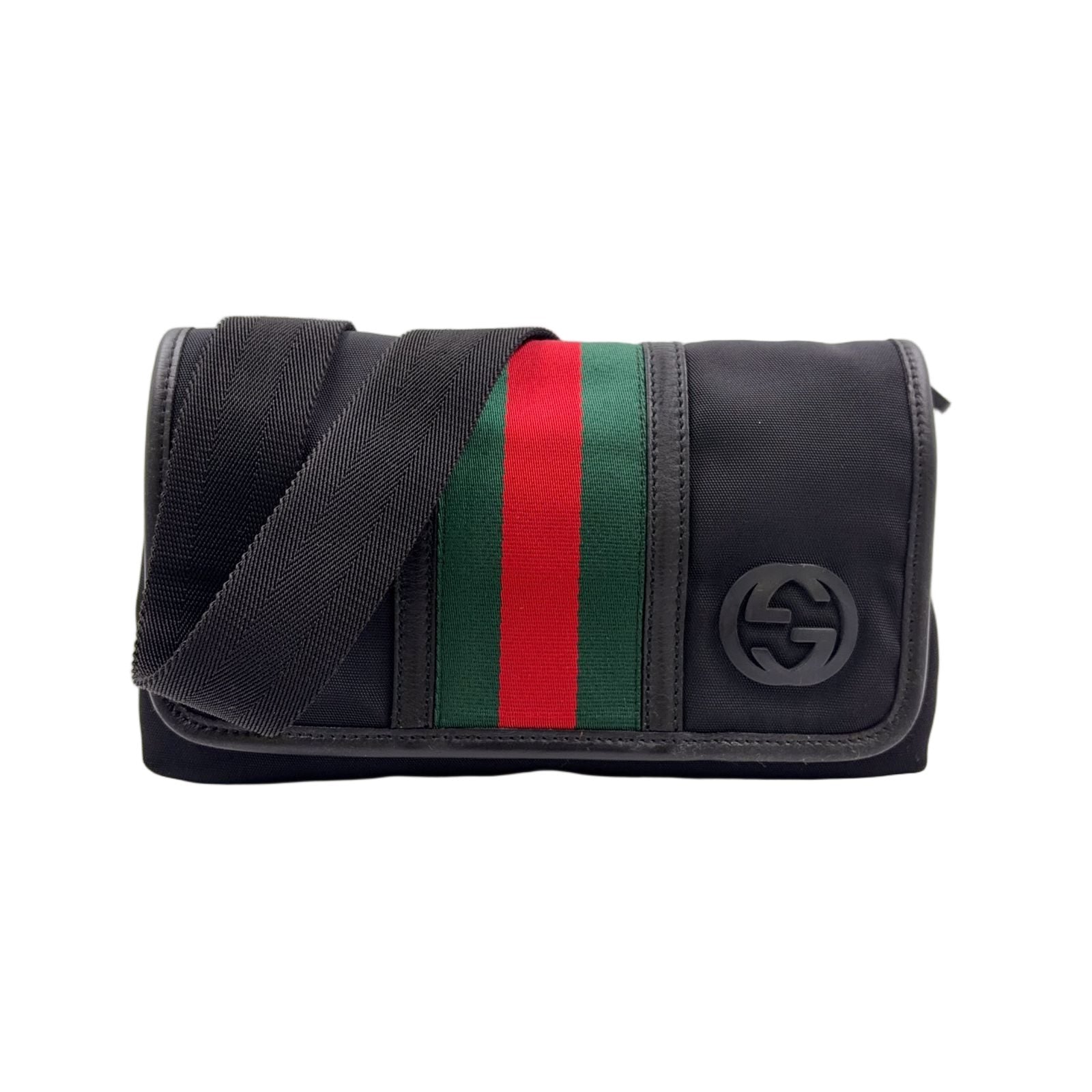 Gucci Interlocking Logo Leather Nylon Green Black Red Belt Bag Silver