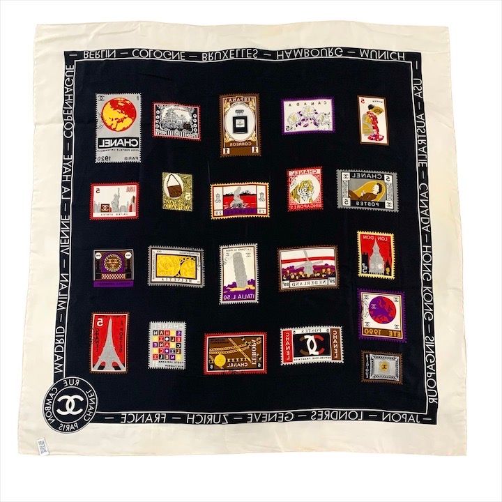 Chanel CC Logo Large Scarf Silk Worl Pattern Black Red White — view 2
