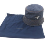 Prada 100% Cotton Cowhide Triangle Logo Plate Blue Denim Hat — view 2