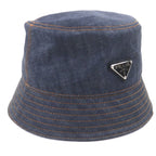 Prada 100% Cotton Cowhide Triangle Logo Plate Blue Denim Hat