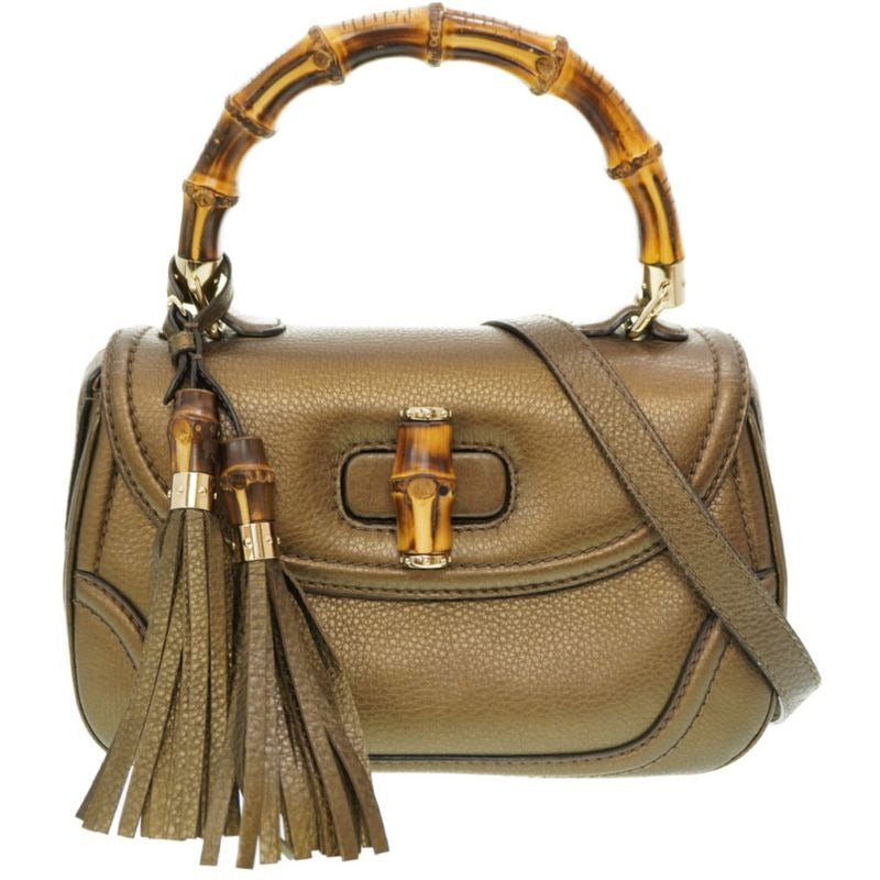 Gucci New Bamboo Shoulder Handbag Leather With Gold Strap 0020
