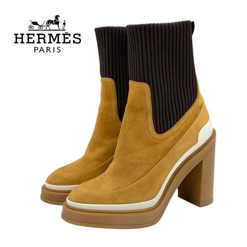 Hermes Boots Short Sock Shoes Suede Fabric Bicolor Camel Brown