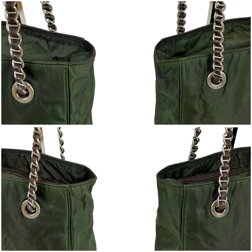 Prada Mini Tote Chain Shoulder Bag Tessuto Nylon Khaki Green Triangle Logo — view 4