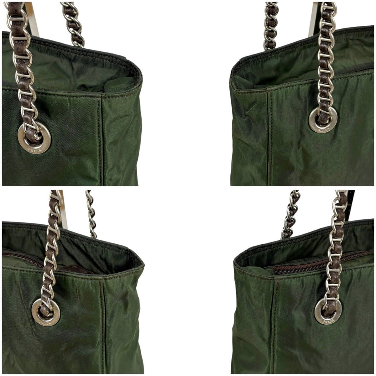 Prada Mini Tote Chain Shoulder Bag Tessuto Nylon Khaki Green Triangle Logo — view 4