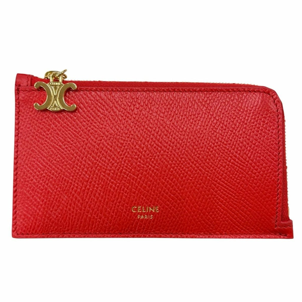 Celine Leather Triomphe Zip Long Card Case Red Gold