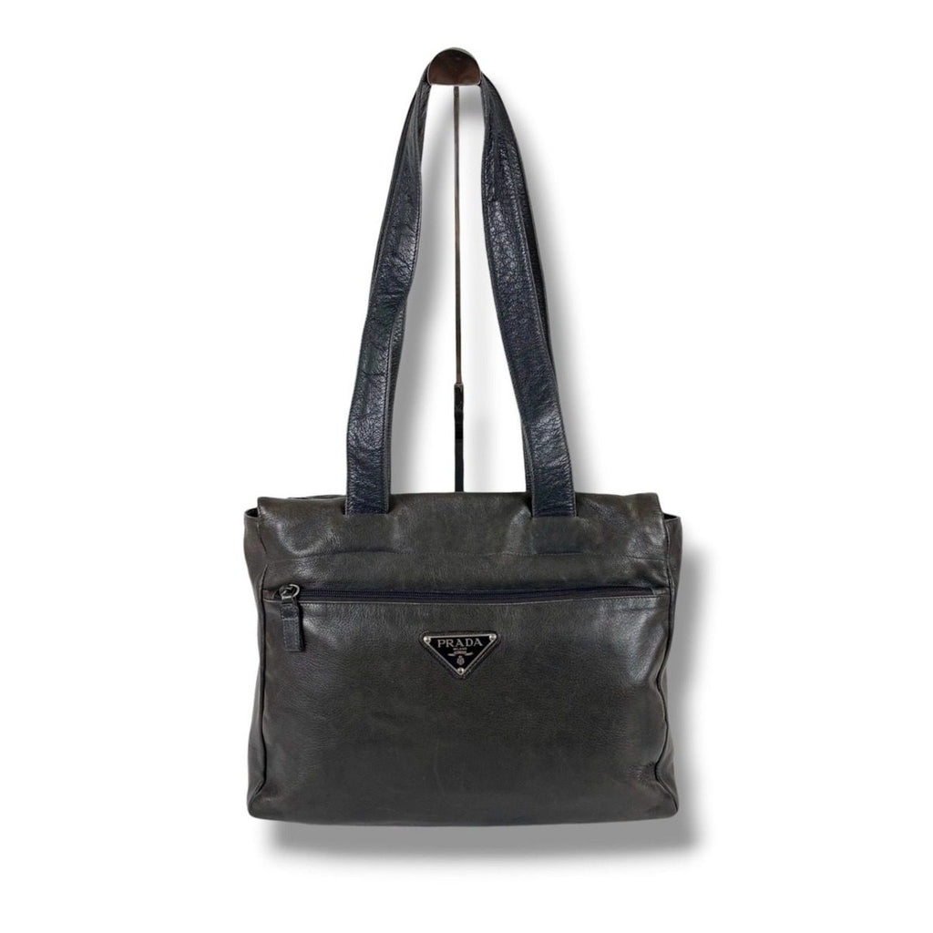 Prada Triangle Logo Tote Shoulder Black All Leather