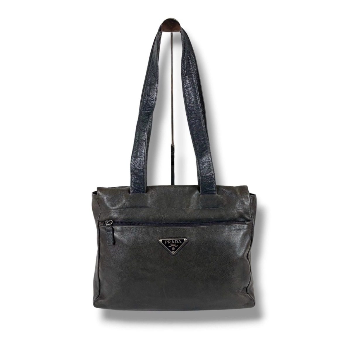 Prada Triangle Logo Tote Shoulder Black All Leather