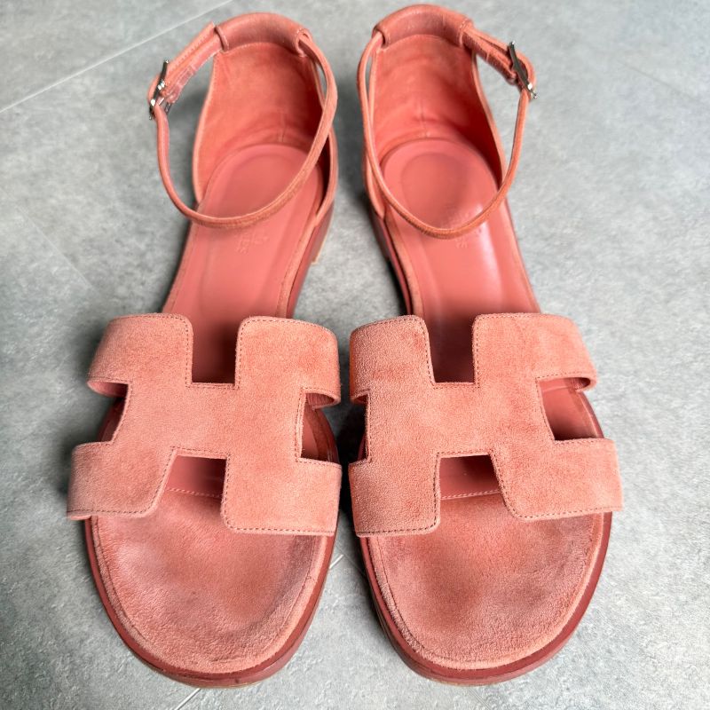 Hermes Santoni Strap Sandals Flat Shoes Coral Orange Suedeleather 38 — view 6