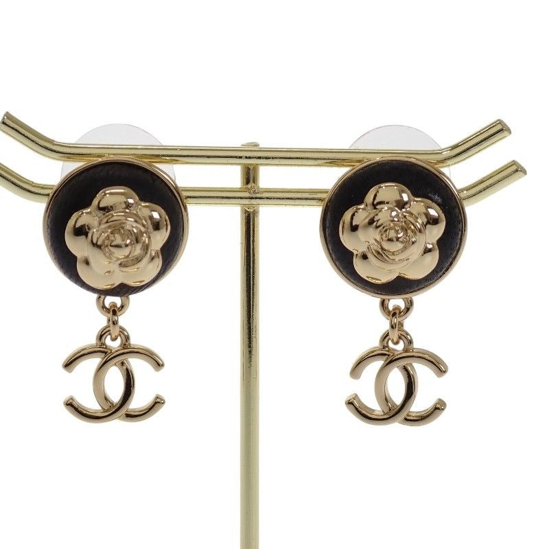 Chanel CC Camellia Logo Earrings Metal Leather Gold Black