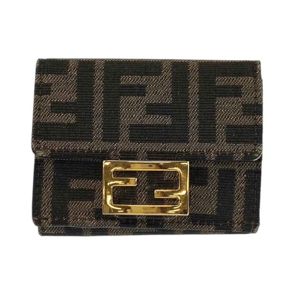 Fendi Zucca Baguette Micro Brown Gold Compact Wallet