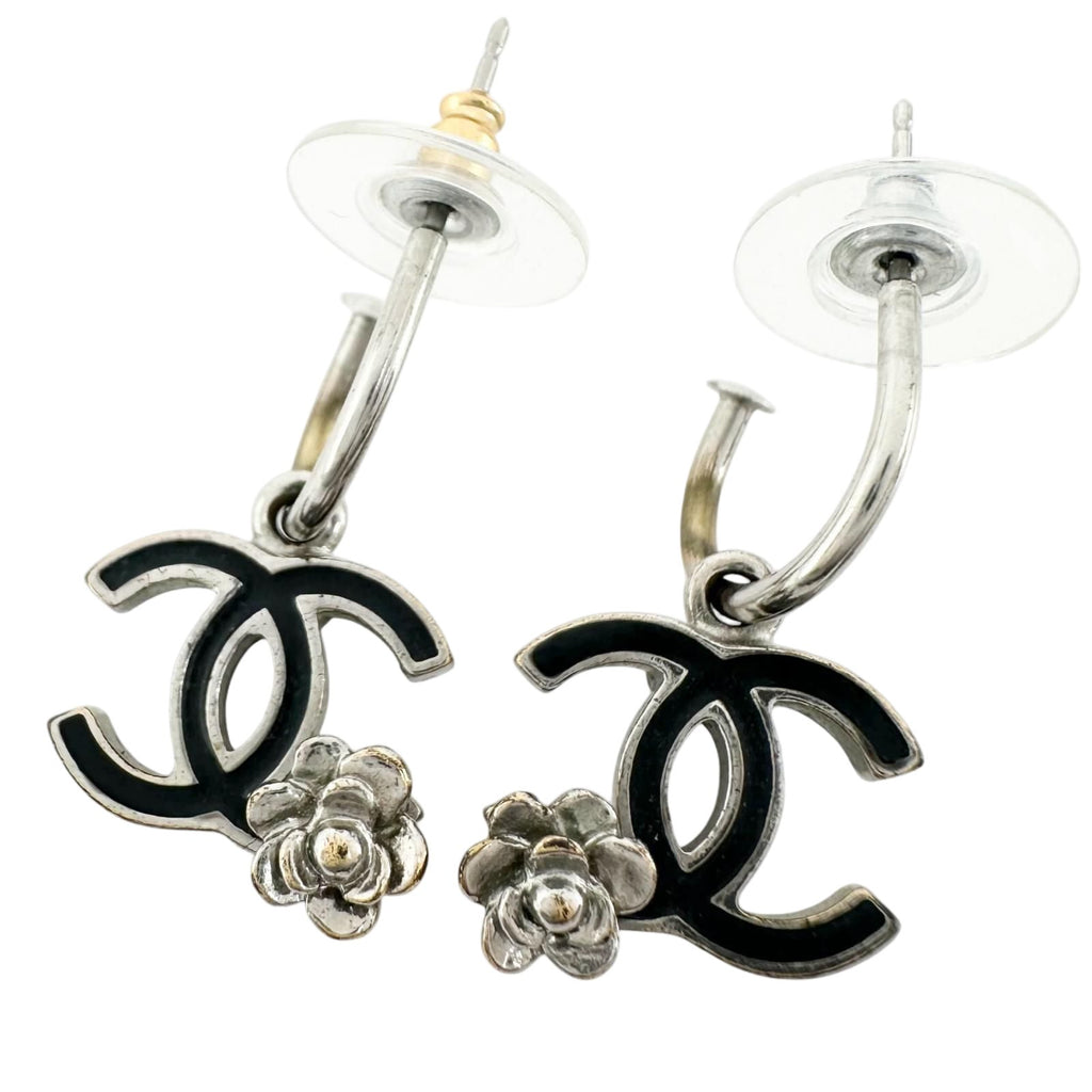 Chanel CC Logo Camellia Metal Silver Black Earrings
