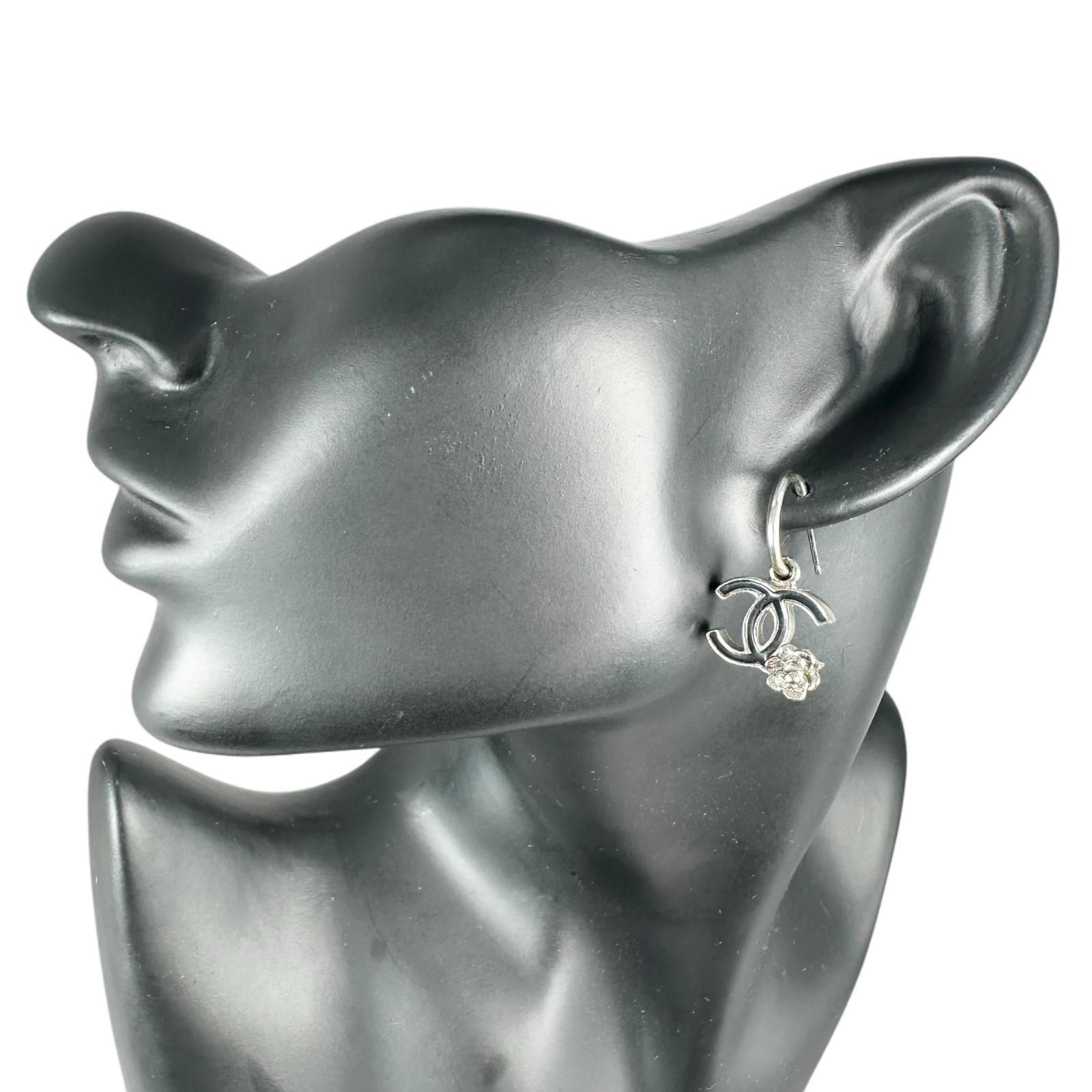 Chanel CC Logo Camellia Metal Silver Black Earrings — view 2