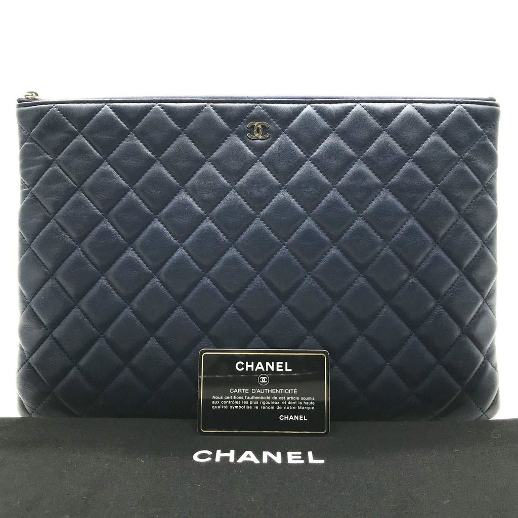 Chanel Quilted Lambskin CC Logo Clutch Navy