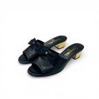 Chanel Sandals Shoes Leather Black Gold CC Logo Ribbon Mule