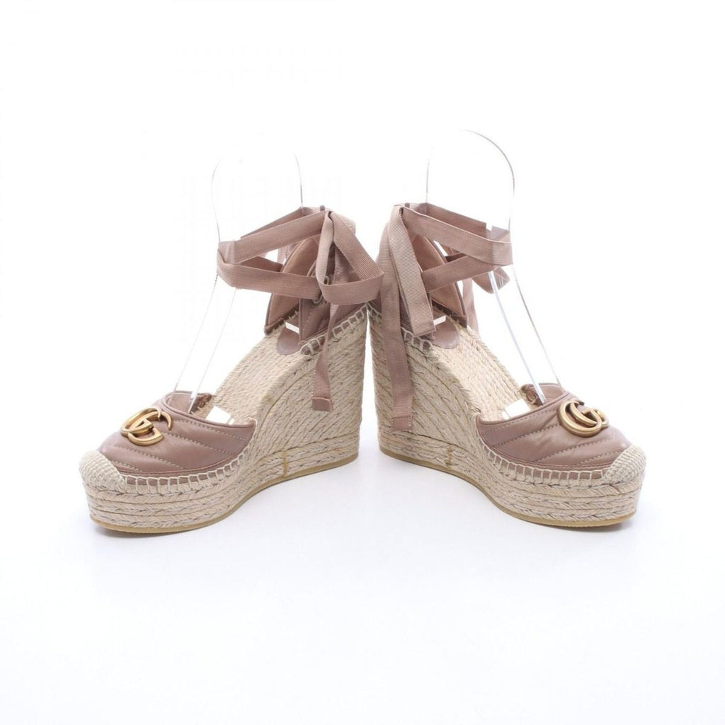 Gucci Sandals GG Marmont Lace Up Espadrilles Wedge Sole Beige Leather — view 3