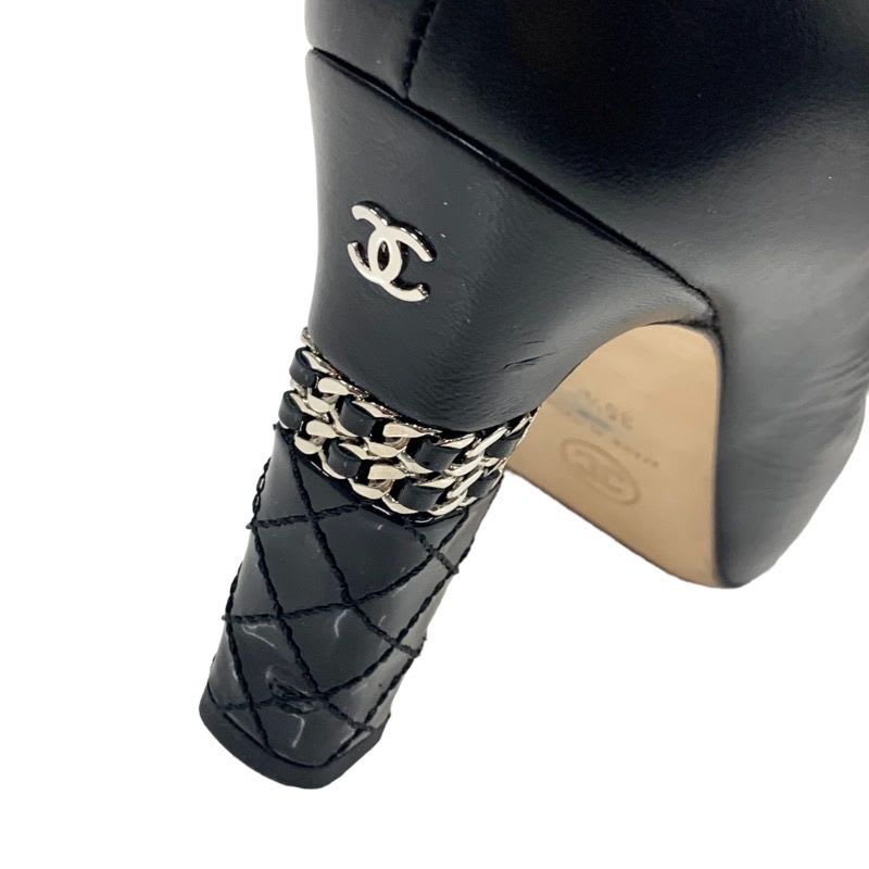 Chanel Boots Short Shoes Leather Patent Black Silver Coco Mark Chain — view 9