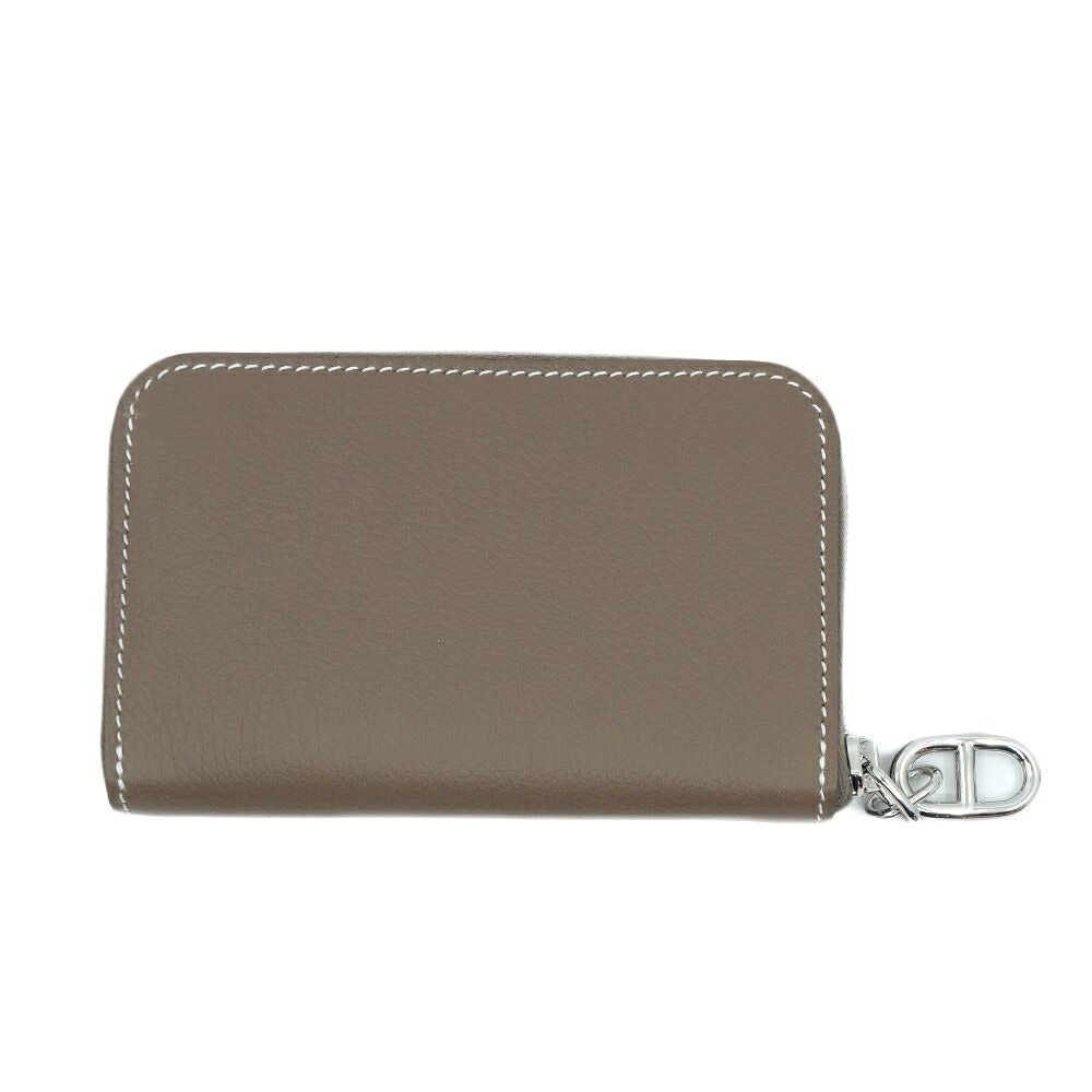 Hermes Zip Azap Compact Wallet Coin Purse Leather Etoupe Gray Silver