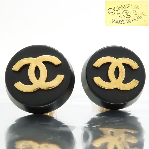 Chanel Earrings 2 8 Coco Mark Black Gold GP Round Large Vintage — view 2