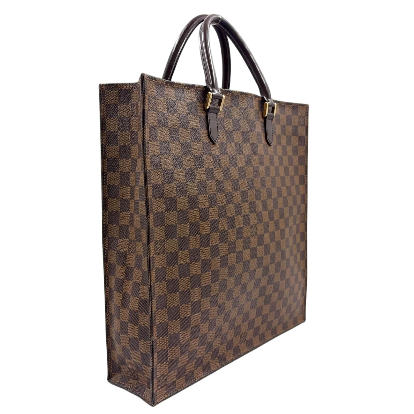Louis Vuitton Sac Plat Damier Ebene Leather Brown Tote Gold — view 2