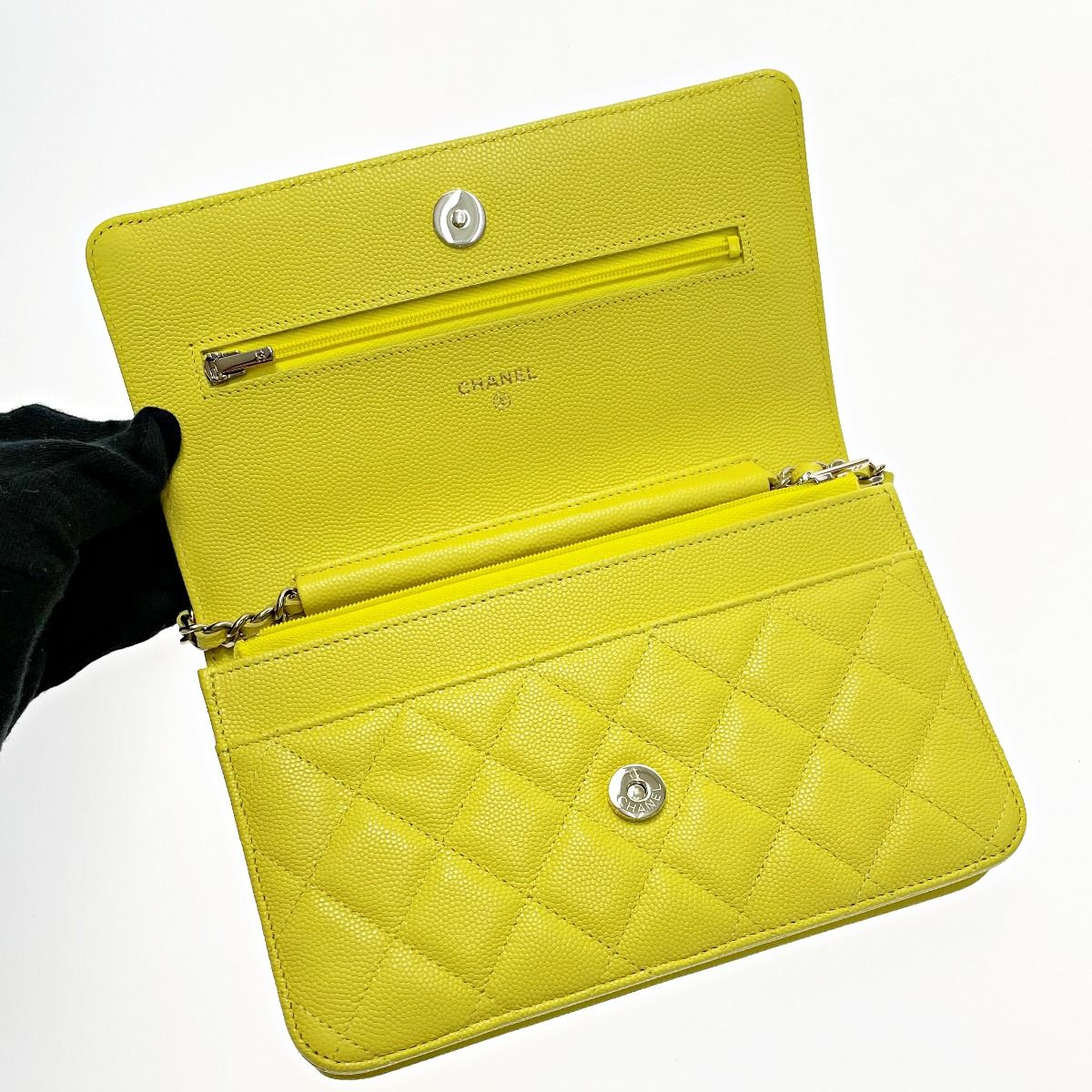 Chanel Quilted Ap0250 Yellow Chain Wallet Shoulder Bag Caviar Leather — view 4