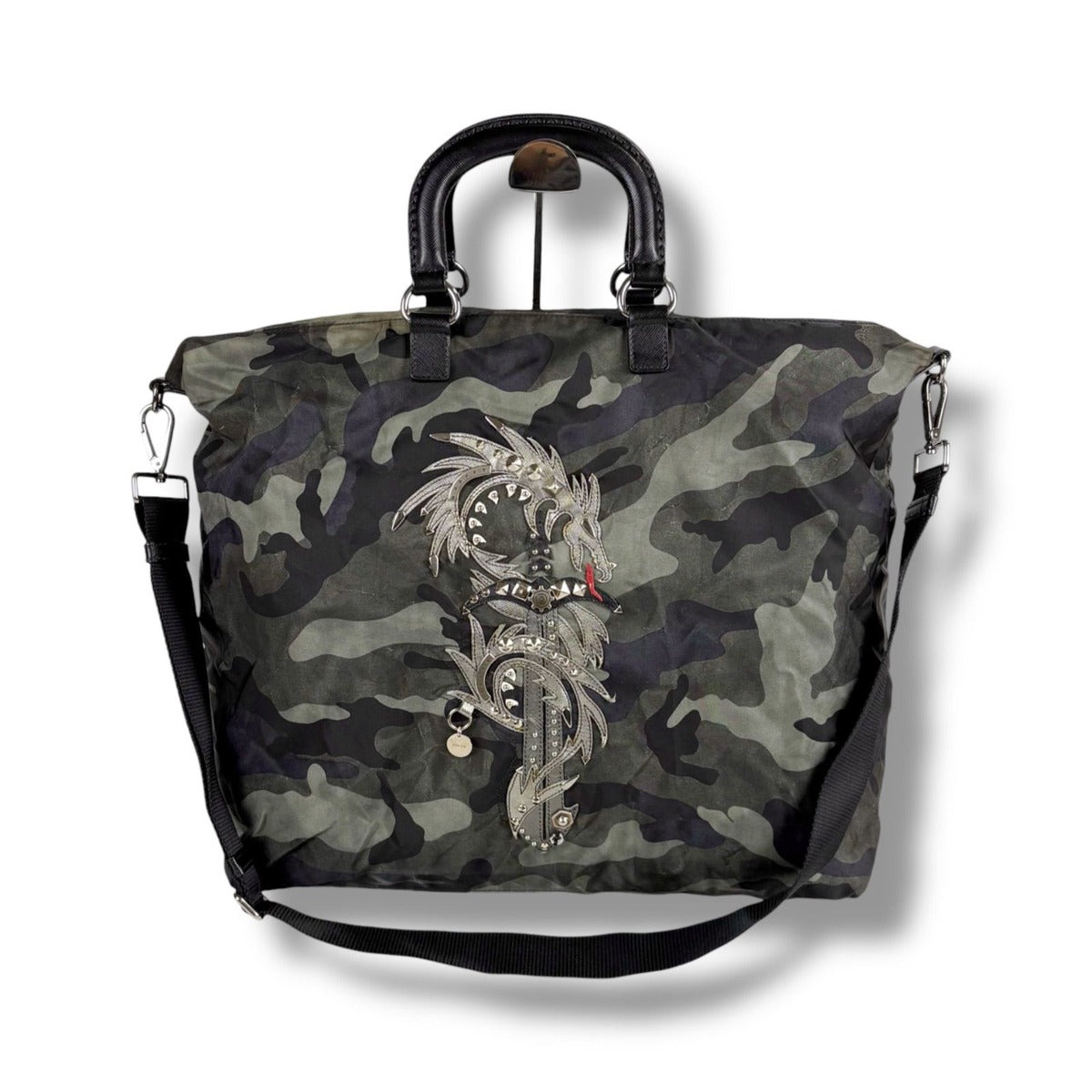 Prada 2-Way Tote Shoulder Bag Dragon Sword Camouflage Pattern