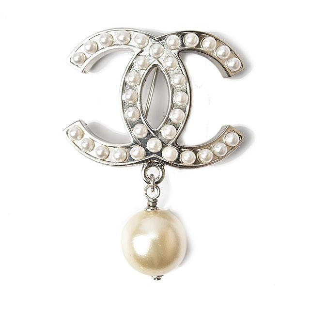 Chanel Brooch Pin Coco Mark Rhinestone Pearl Silver