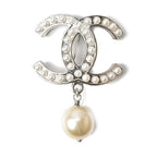 Chanel Brooch Pin Coco Mark Rhinestone Pearl Silver